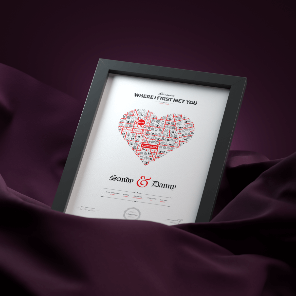 Square custom Where We Met map example with names and a marked relationship location