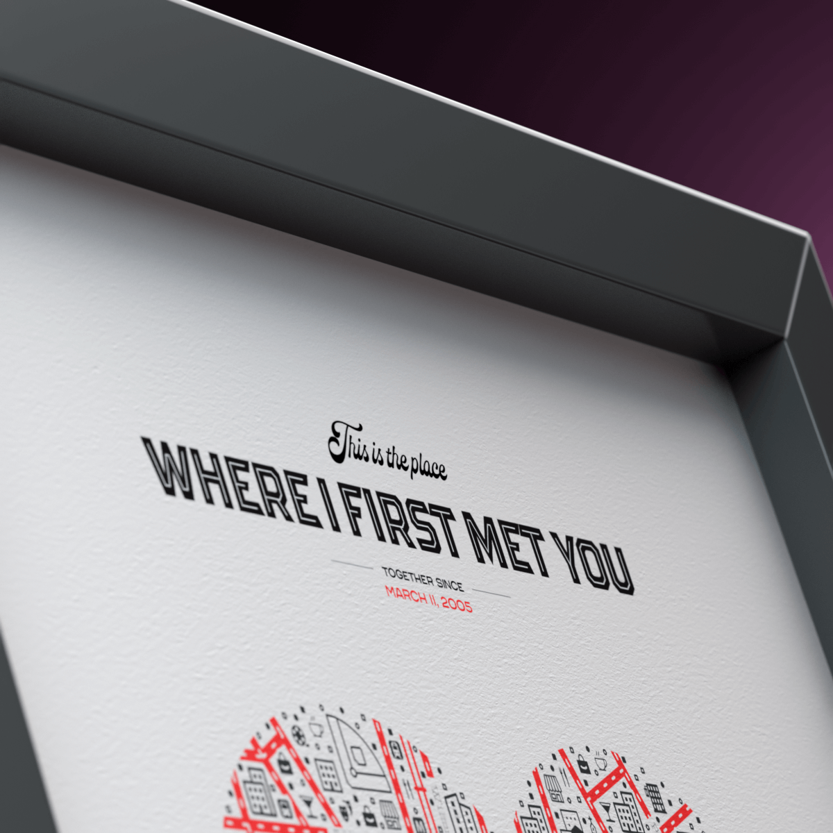 Close-up of title typography on a custom Where We Met map